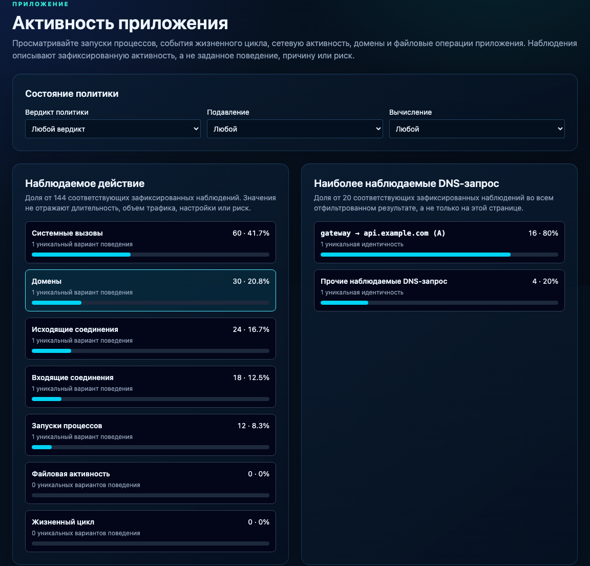 «Активность приложения»: наблюдаемое поведение по видам и наиболее часто наблюдаемые DNS-запросы примерного приложения.