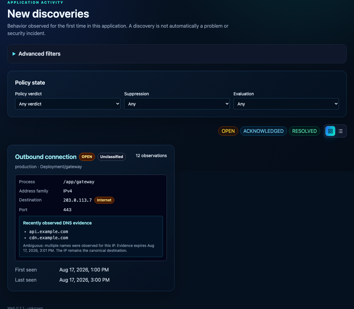 New discoveries for an example Application with the policy verdict, suppression and evaluation filters above the observed behavior.